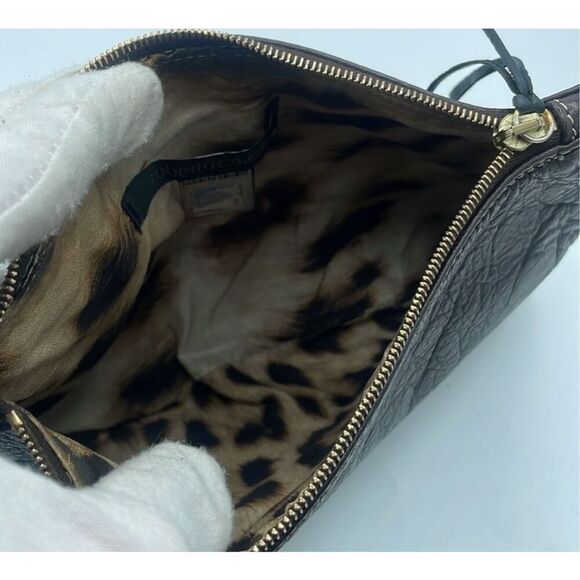 Roberto Cavalli Zip Top Pouch Bag Brown Leather Small Minimalist - Picture 5 of 14